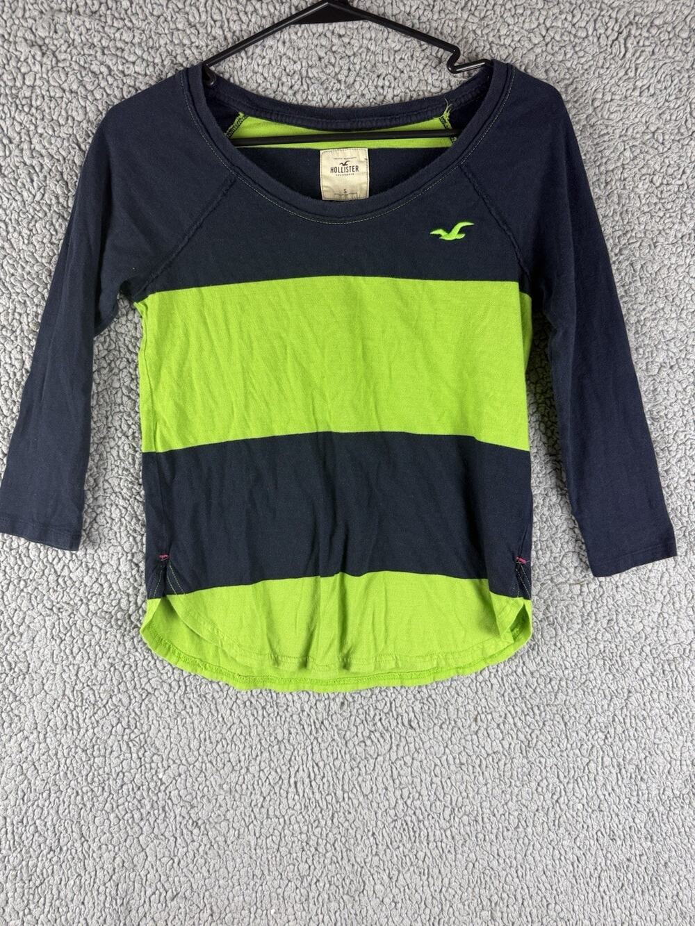 VTG Y2K Hollister Striped Scoop Neck Size Small Navy Lime Green Seagull Logo